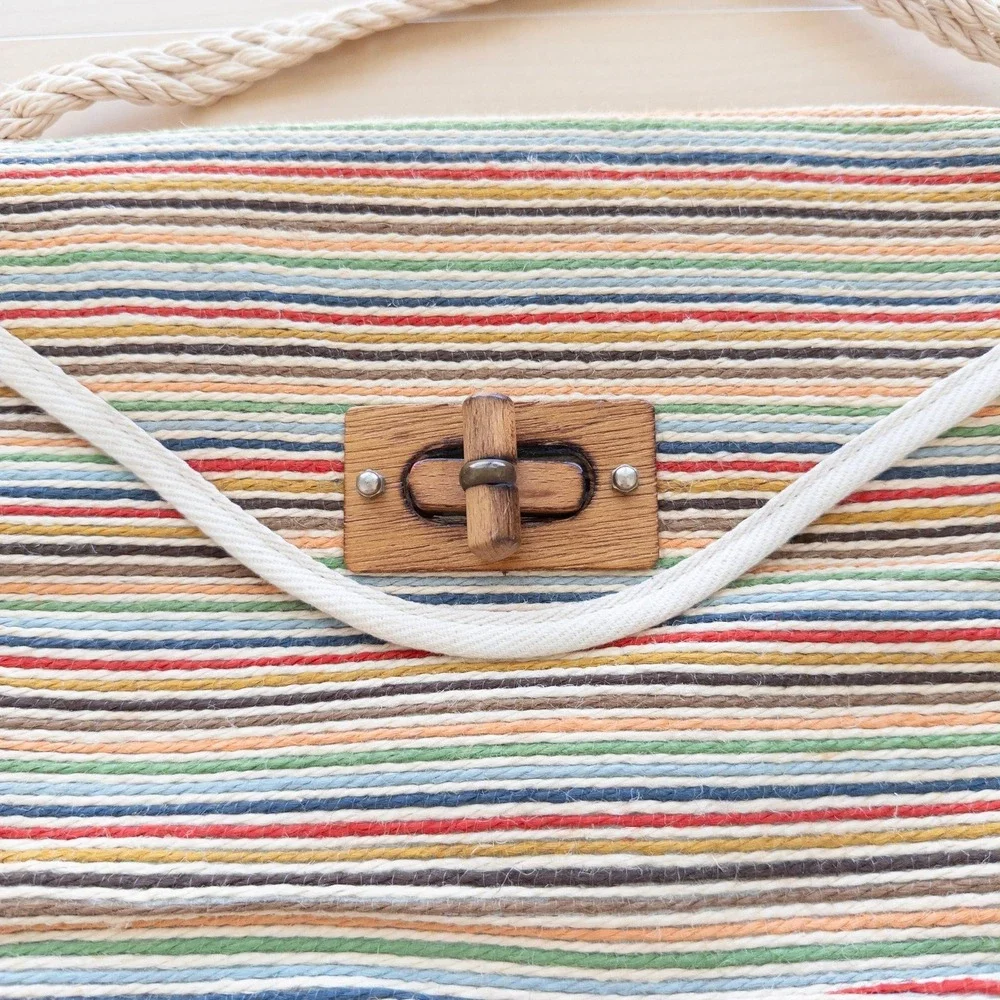 Vintage Walborg Woven Shoulder Bag Rainbow Striped Wood Toggle Boho Coastal